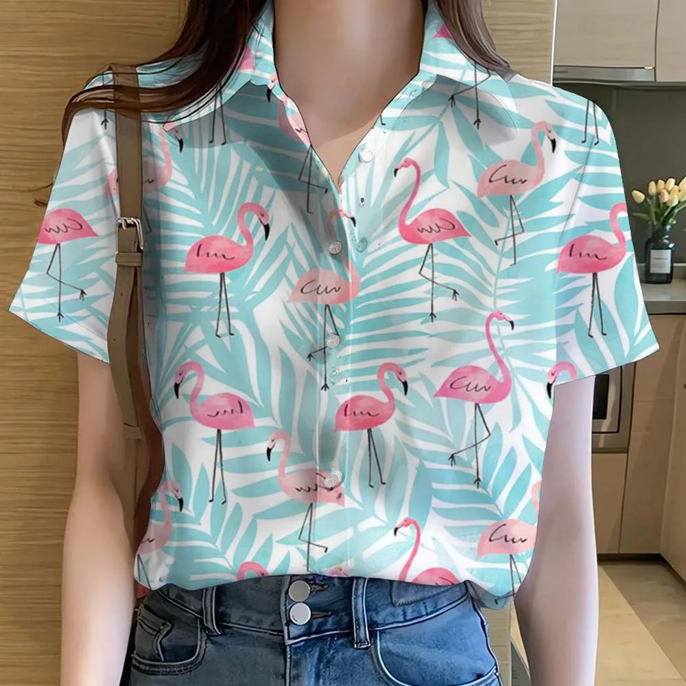 Beach Shirt Hawaiian - Damesoverhemden Leuke cartoon dierenflamingo 3D-geprinte casual