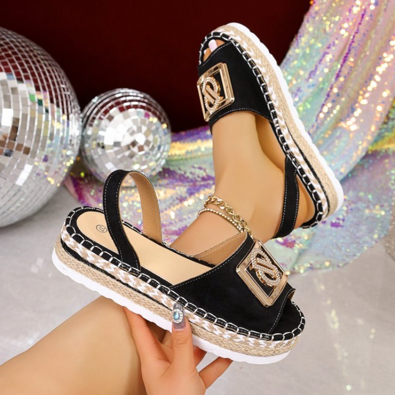 Espadrille Sandal Women - Damesplatform espadrillesandalen met strass metalen gesp