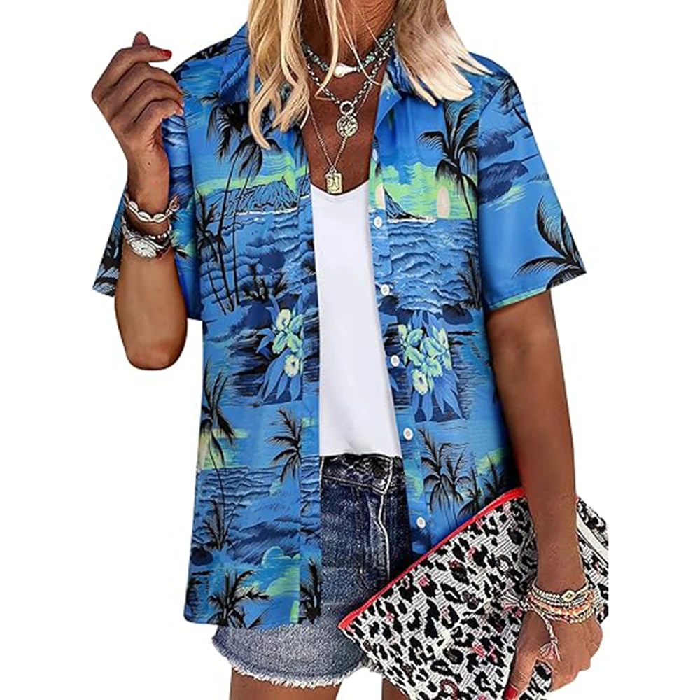 Beach Shirt Hawaiian - Kokospalmprint damesshirt met korte mouwen, enkele