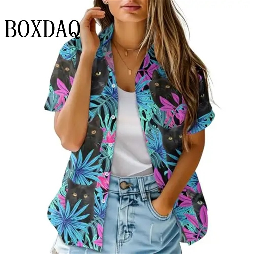 Beach Shirt Hawaiian - Zomermode damesblouse artistieke Hawaiiaanse palmboomprint korte