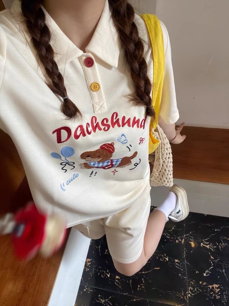 Summer Clothing Juniors - Kawaii Borduren Hond Japan Stijl Poloshirt